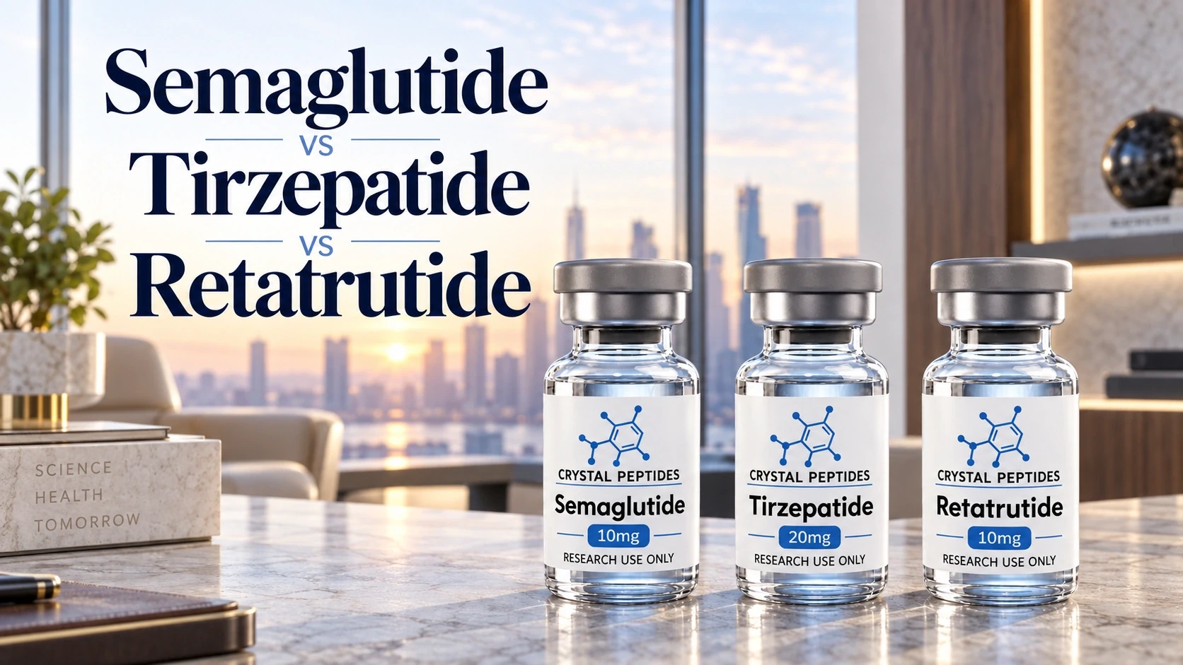 Výskumné liekovky Semaglutide, Tirzepatide a Retatrutide vedľa názvu porovnania vo svetlom interiéri.