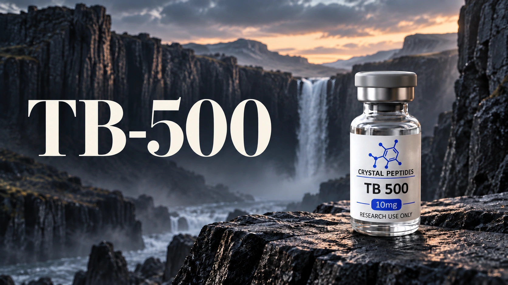 TB-500 research vial beside the embedded TB-500 cover title in a dramatic waterfall landscape.