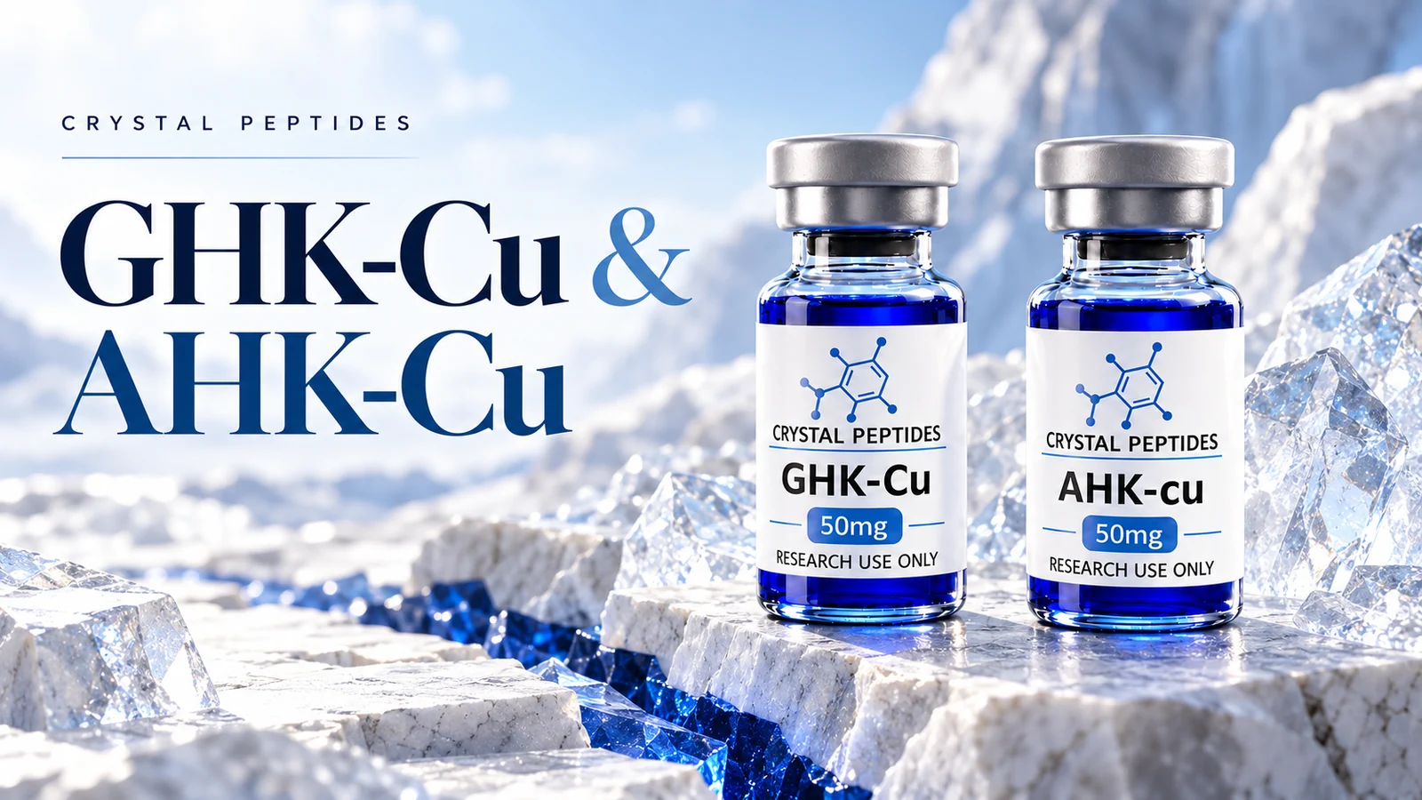 Redakčná ilustrácia produktu: GHK-Cu / AHK-Cu — Crystal Peptides.