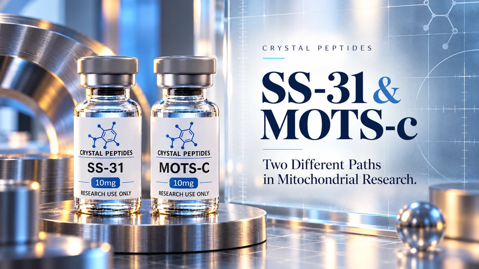 Redakčná ilustrácia produktu: SS-31 / MOTS-c — Crystal Peptides.