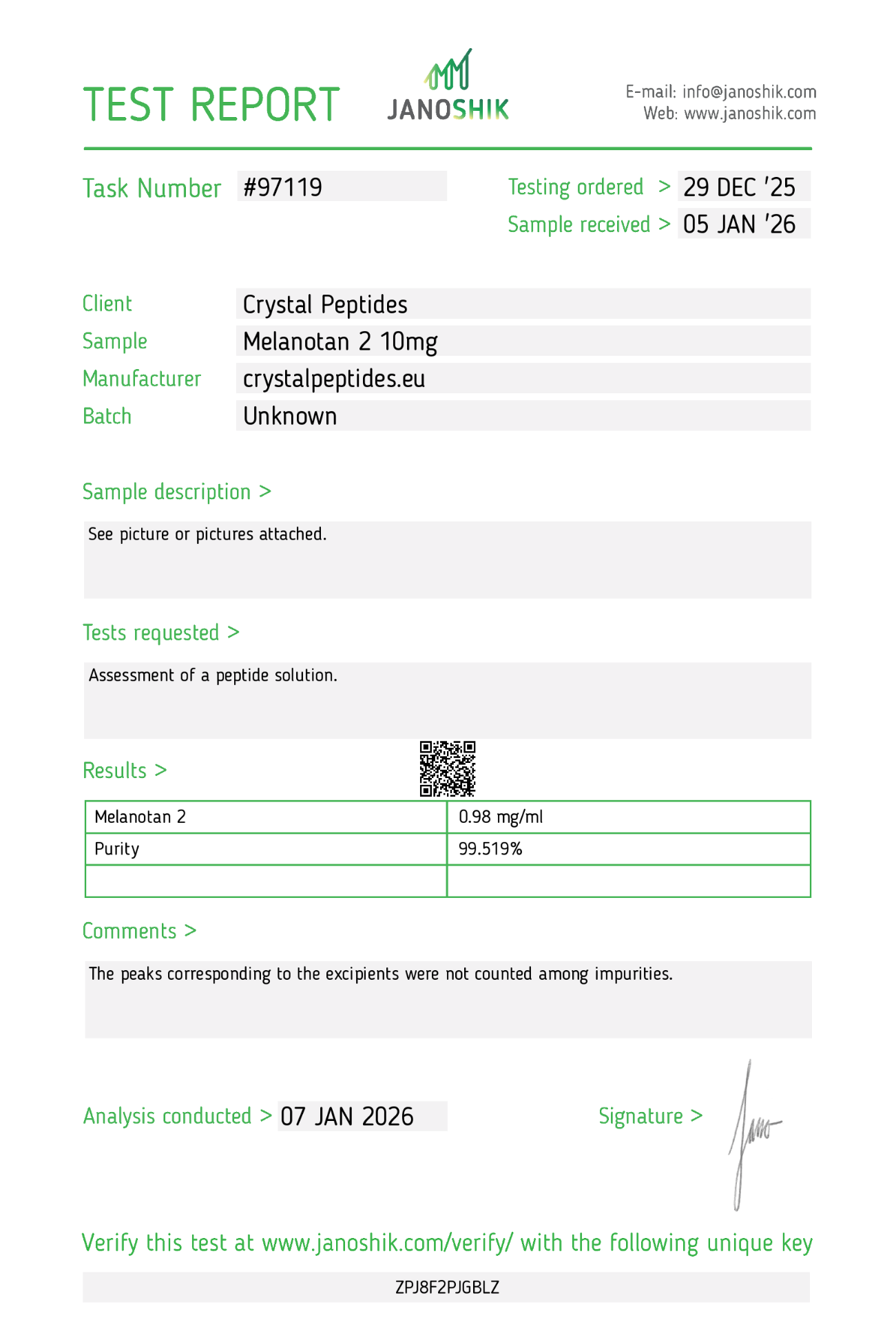 MT-2 (10mg/10ml) Purity & Identity Laboratórny test